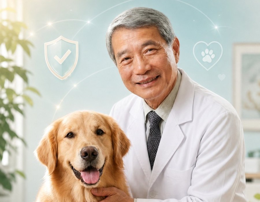 季昭華教授與黃金獵犬,臺大動物醫院前院長
